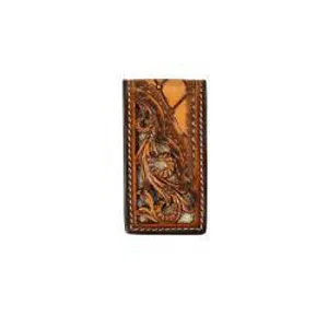 3D Tan Filigree Scrolled with Calf Hair Underlay Magnetic Money Clip