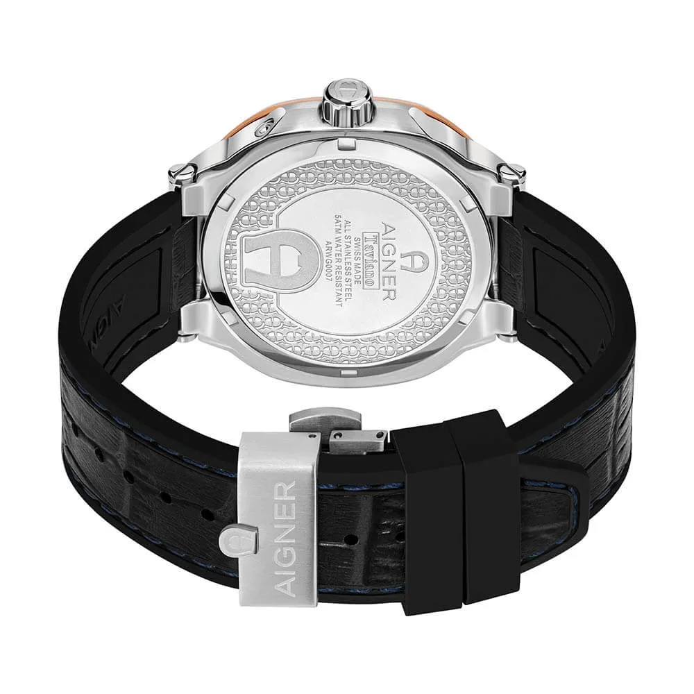 Aigner Taviano Men's Blue Dial Silver Rose Gold Case Black Leather Strap Watch