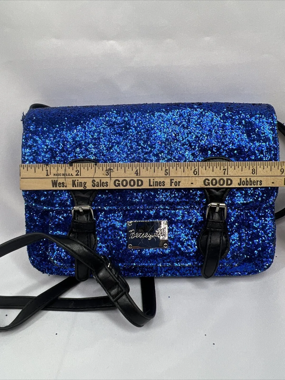 Betseyville Blue & Black Glitter￼ Clutch Shoulder Bag Accent Buckles Adjustable