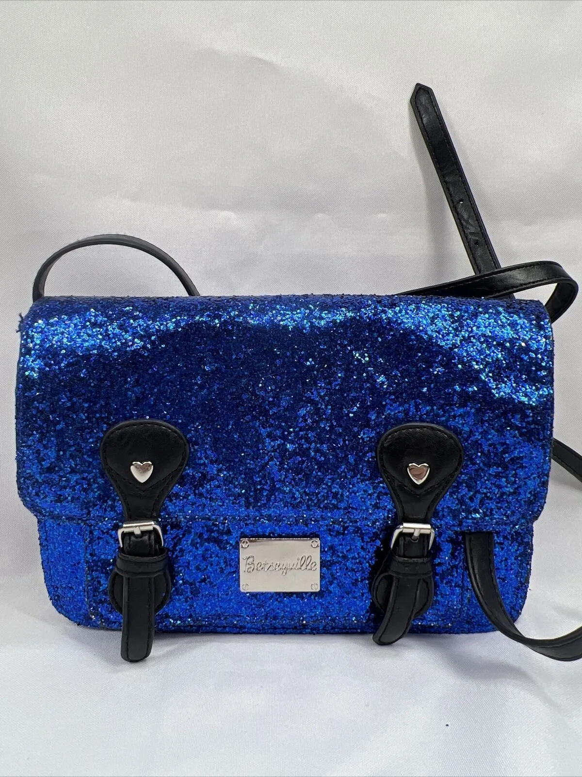 Betseyville Blue & Black Glitter￼ Clutch Shoulder Bag Accent Buckles Adjustable