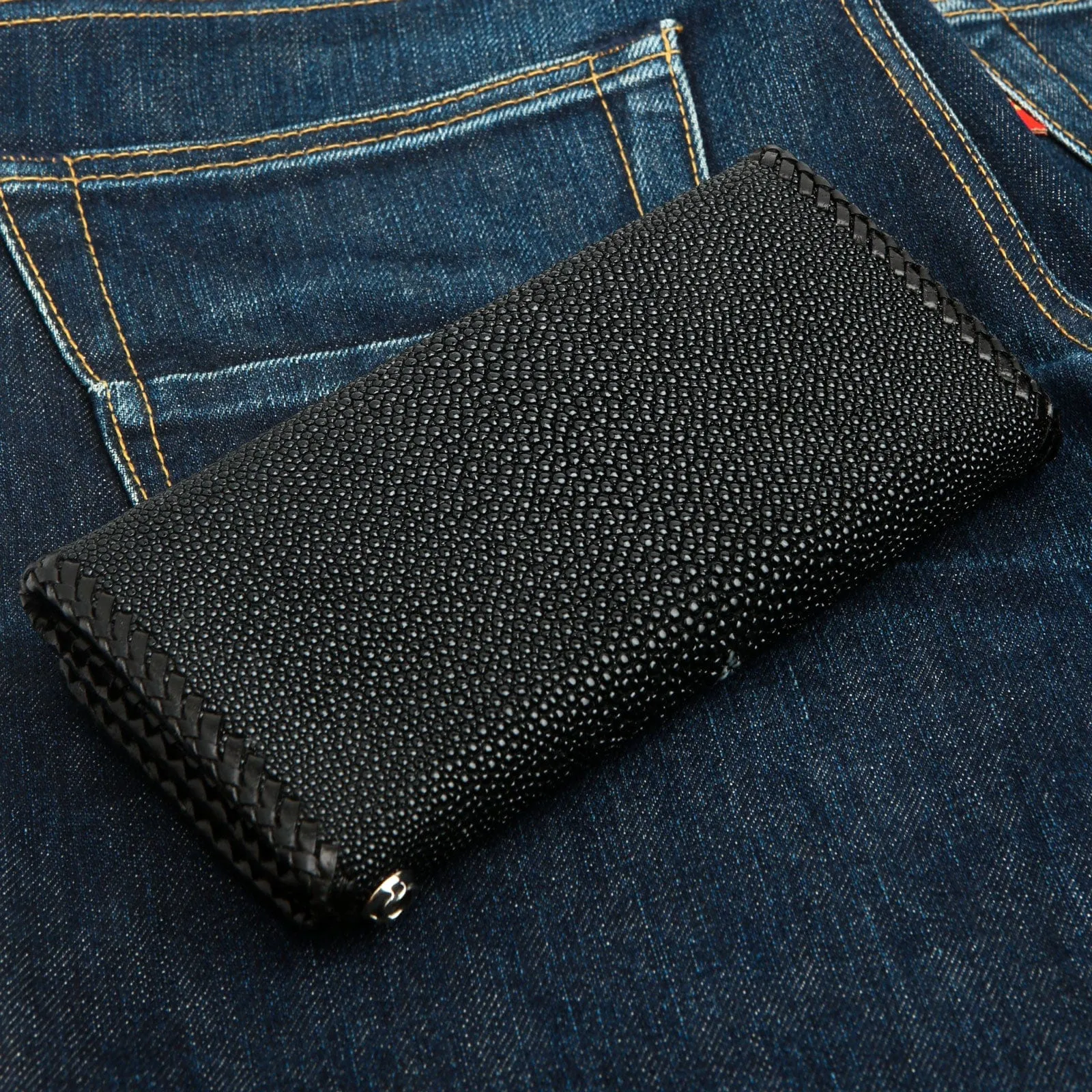 Black Stingray Leather Trifold Long Biker Wallet