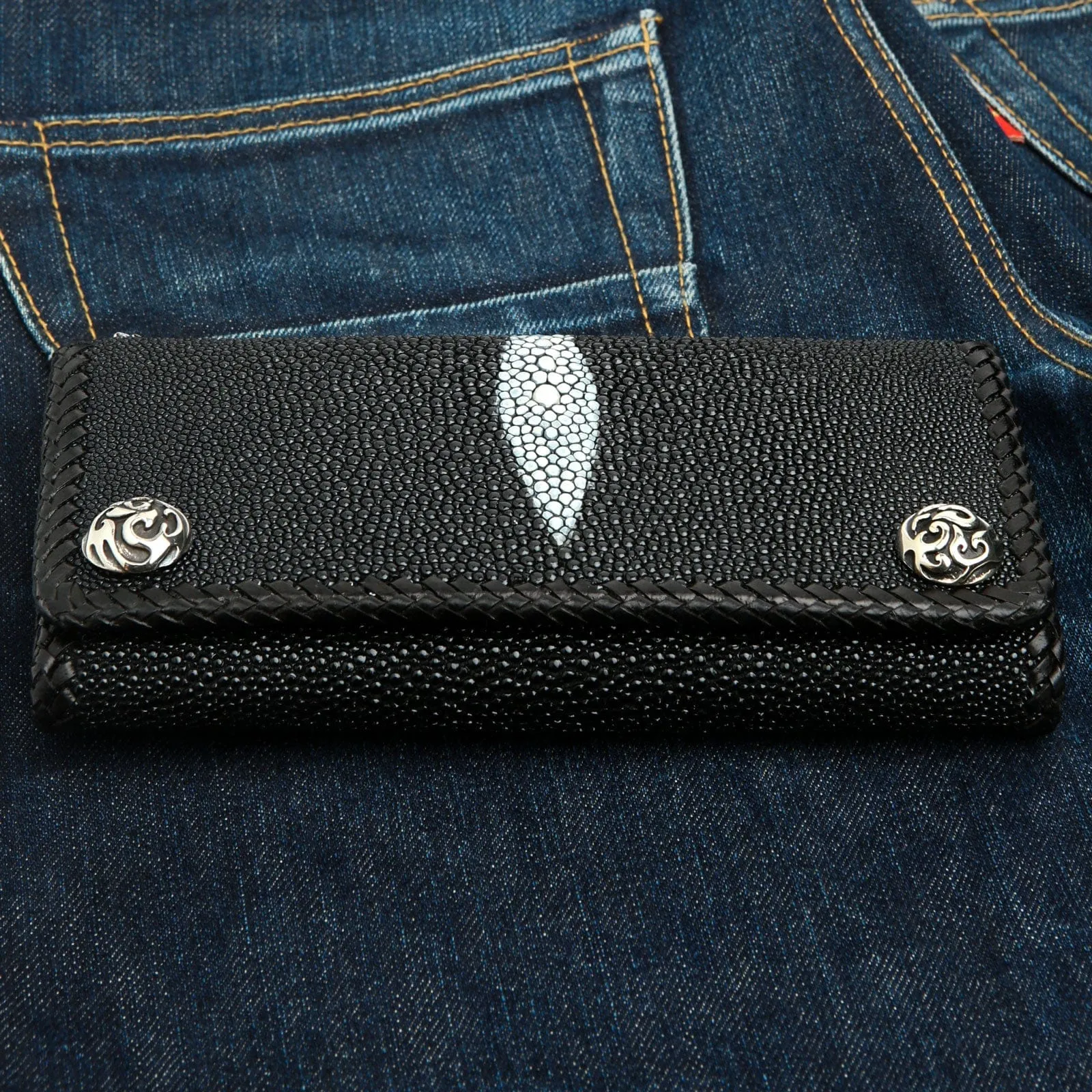 Black Stingray Leather Trifold Long Biker Wallet