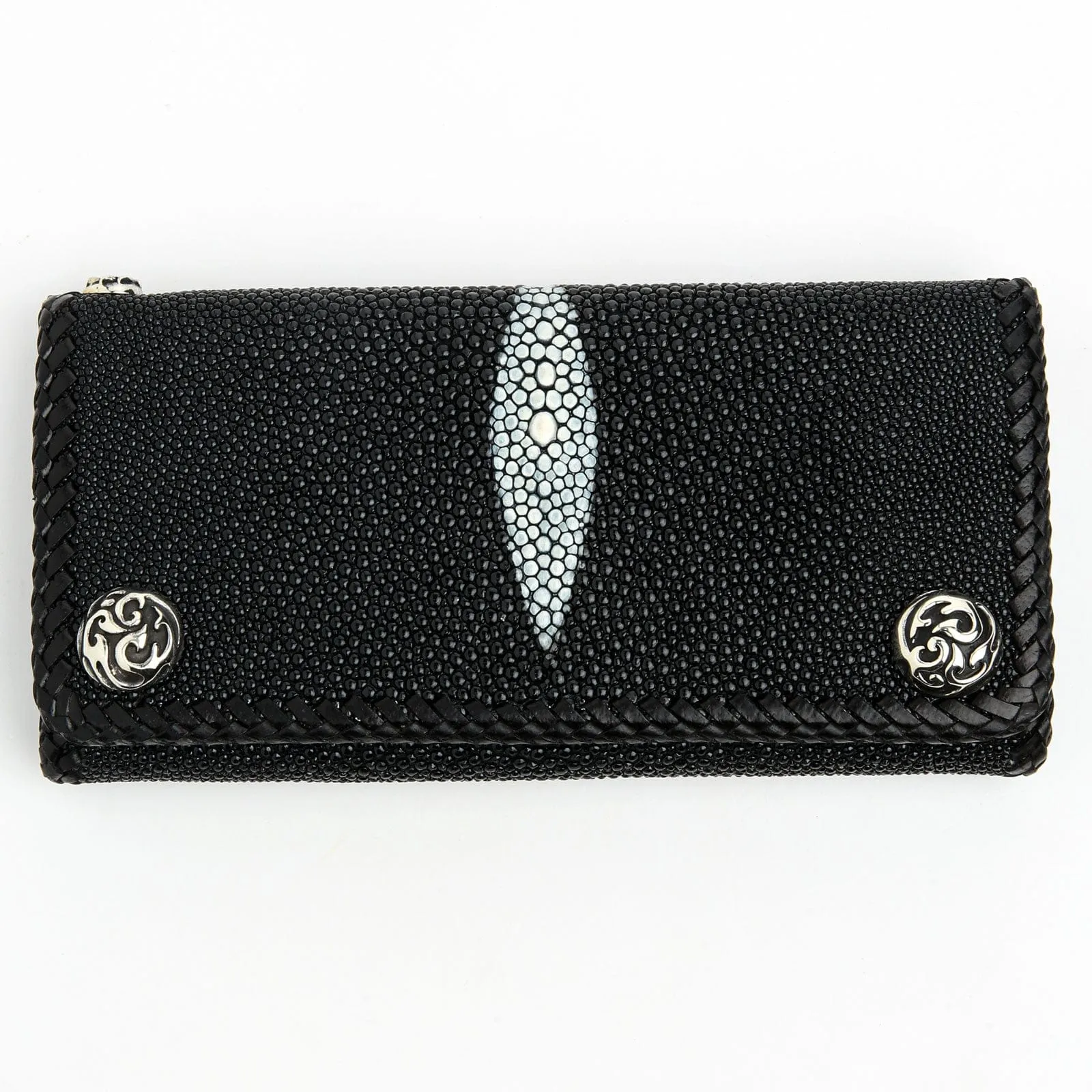 Black Stingray Leather Trifold Long Biker Wallet