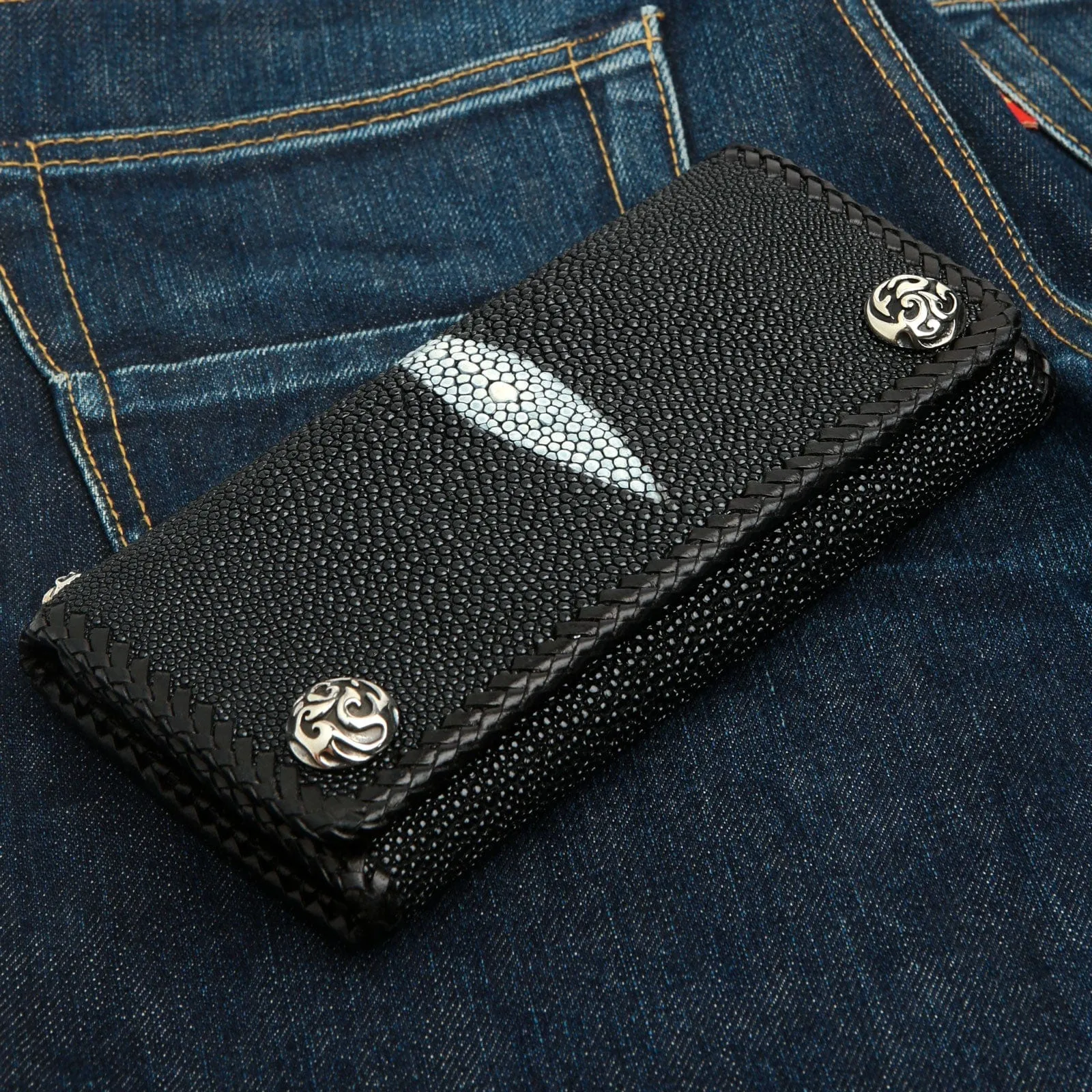 Black Stingray Leather Trifold Long Biker Wallet