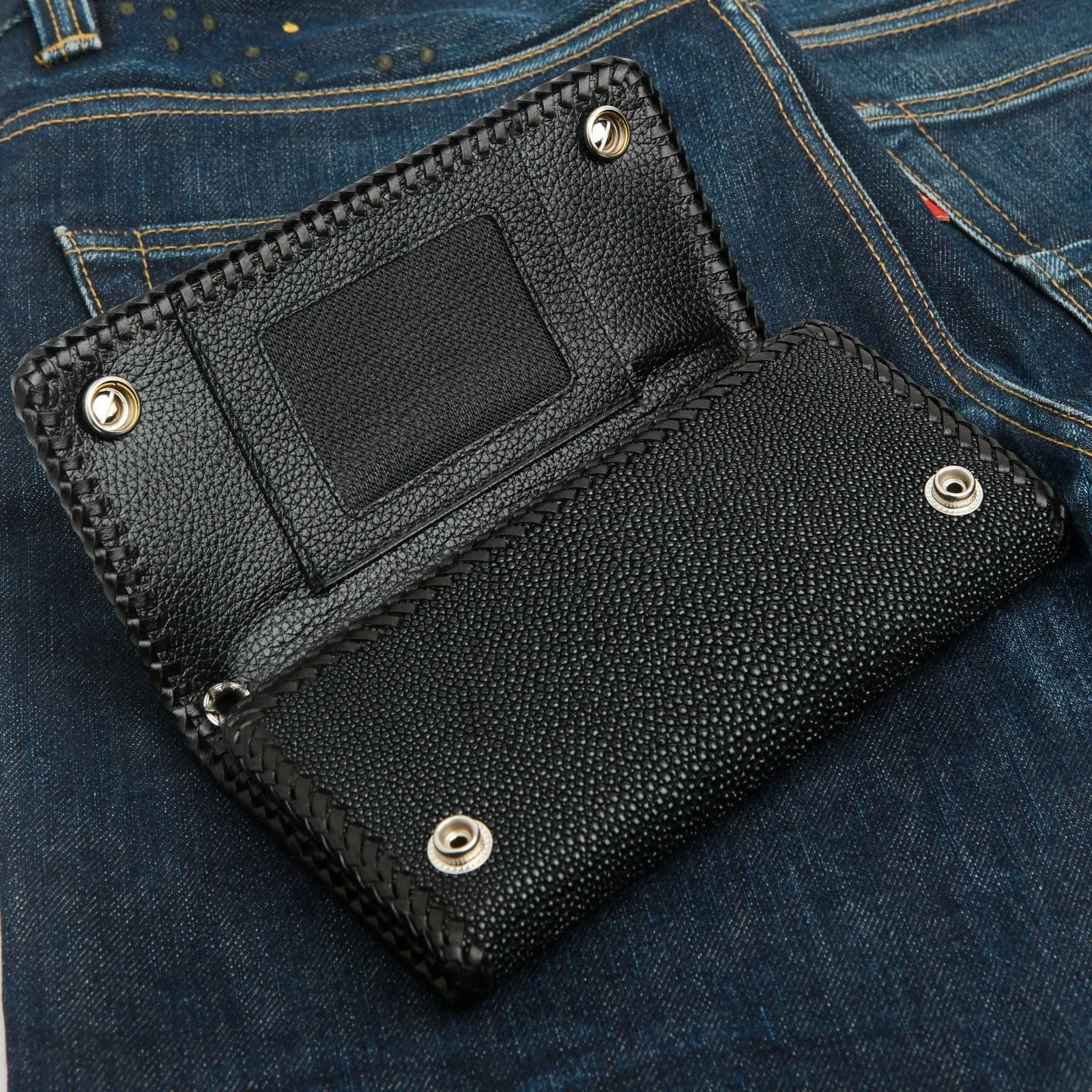 Black Stingray Leather Trifold Long Biker Wallet