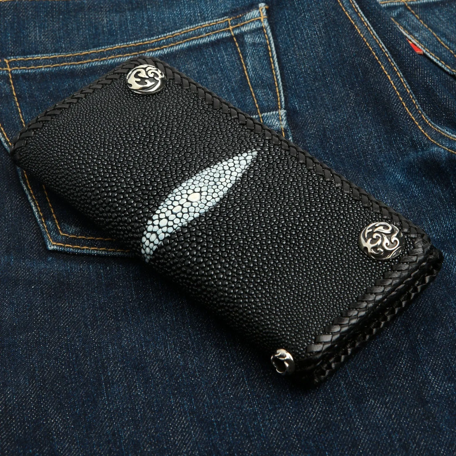 Black Stingray Leather Trifold Long Biker Wallet