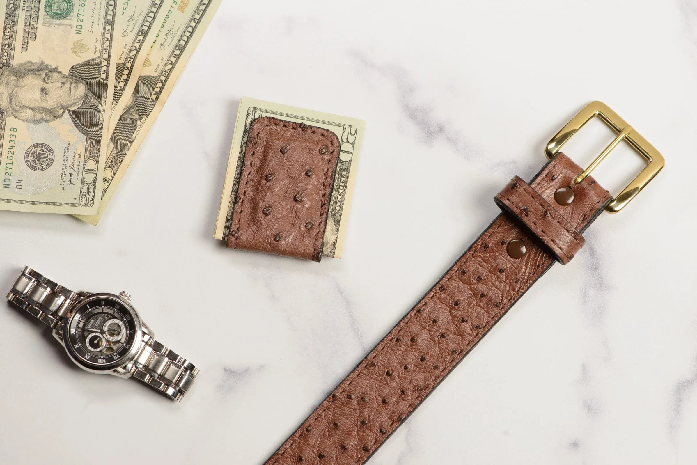 Brown Ostrich Men's Magnetic Money Clip