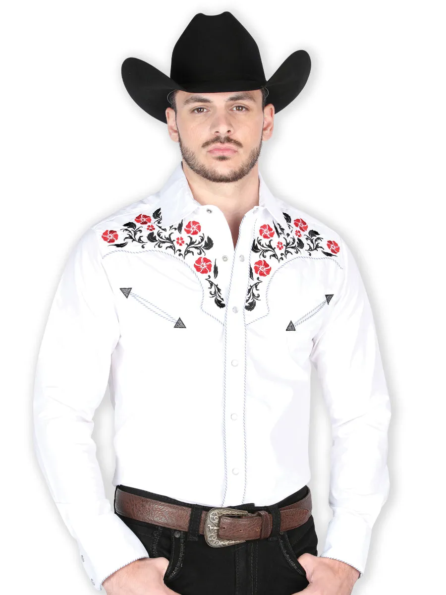Camisa Vaquera Manga Larga Bordada Floral Blanco para Hombre 'El General' - ID: 44911