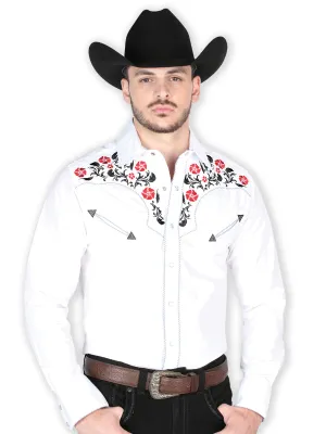 Camisa Vaquera Manga Larga Bordada Floral Blanco para Hombre 'El General' - ID: 44911