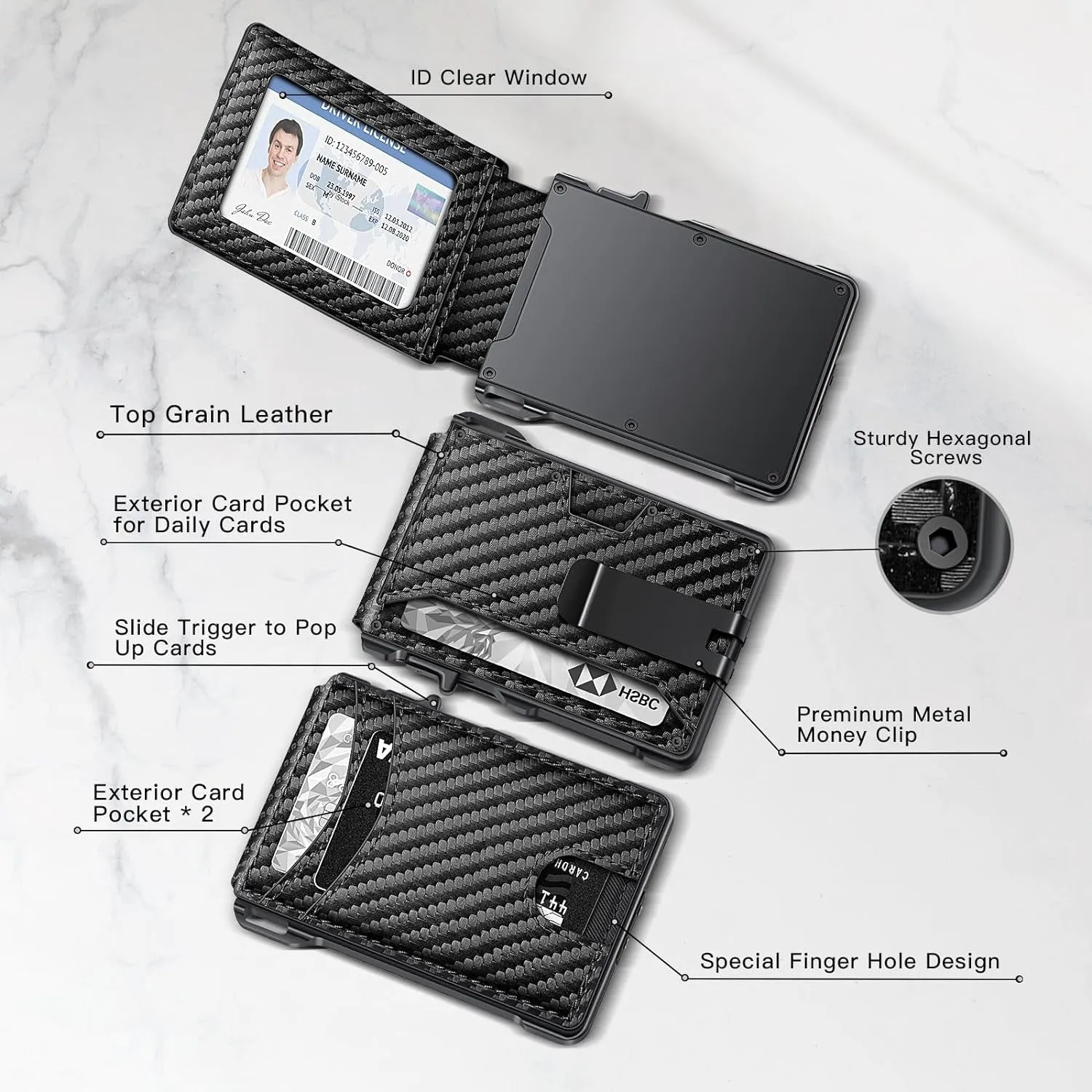 Carbon Fiber Bifold Wallet for Men, Pop Up Wallet with Money Clip