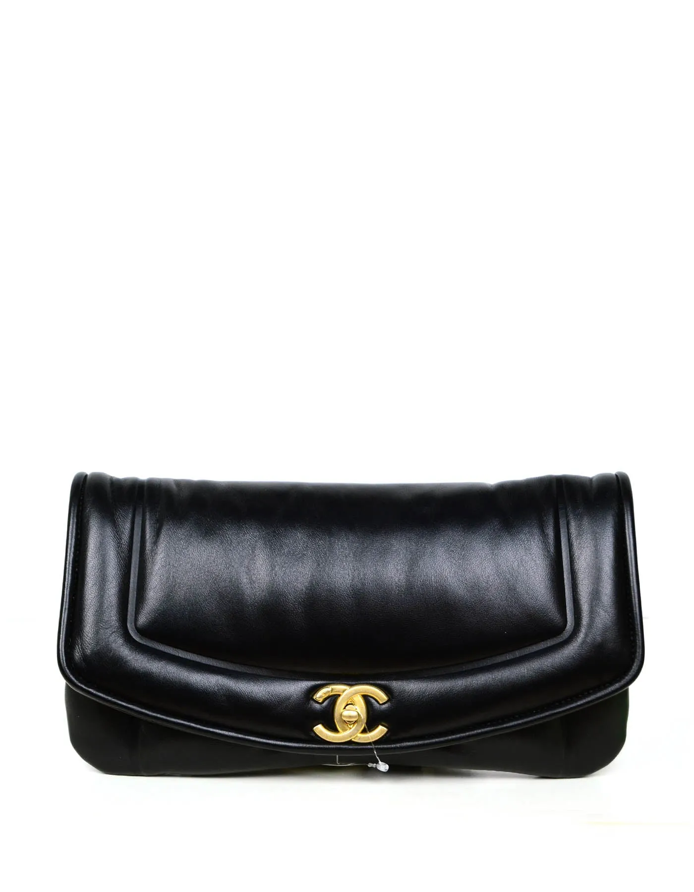 Chanel 2019 NWT Black Shiny Lambskin Vintage Puffy Clutch Bag