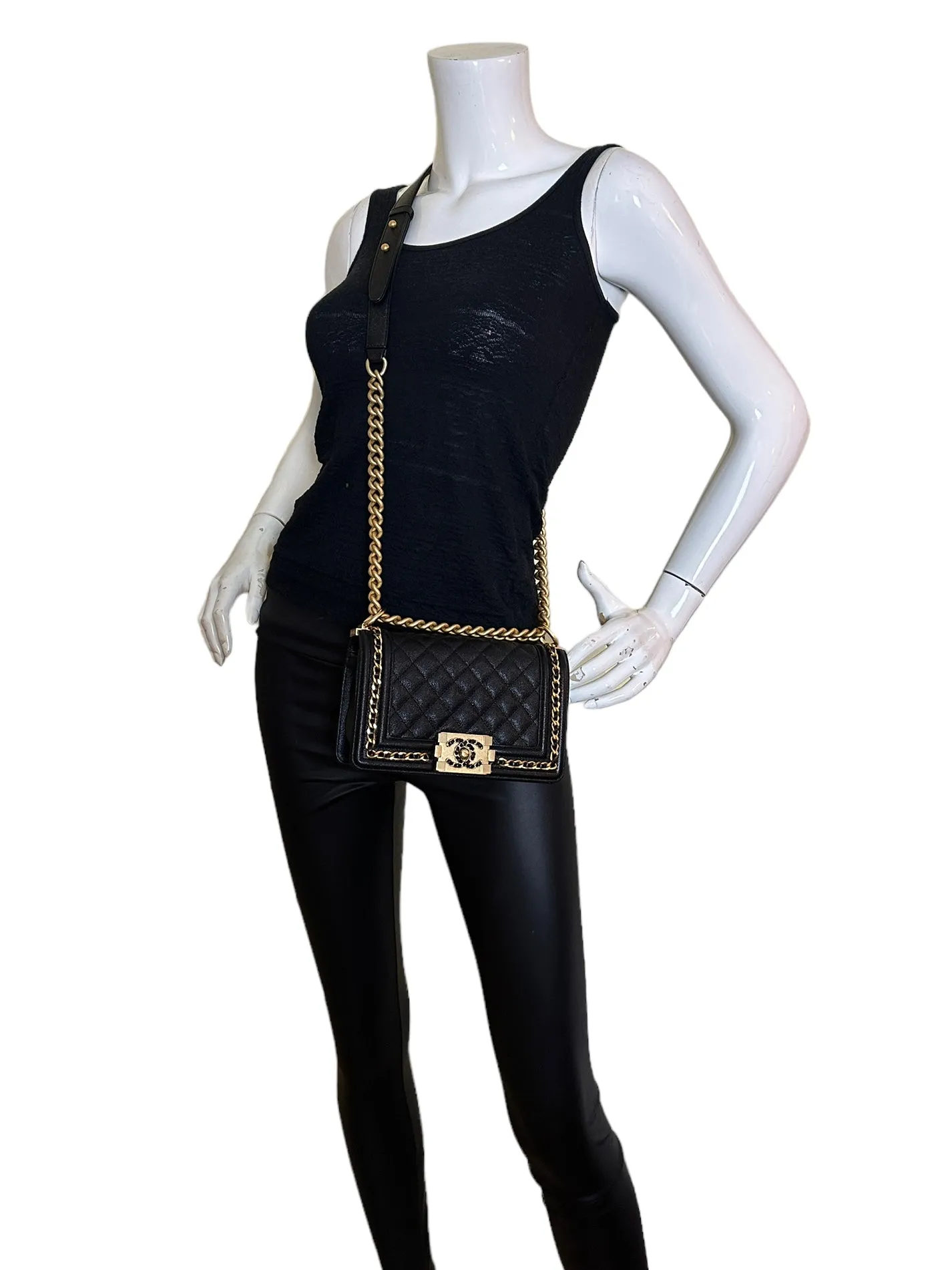 Chanel Black Caviar Leather Small Quilted Chain Around Boy Bag