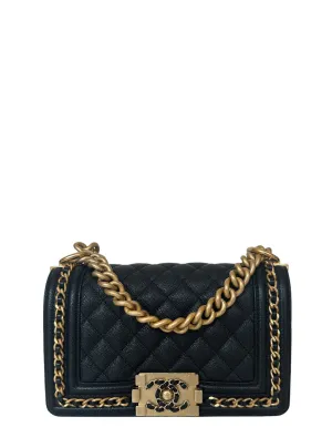 Chanel Black Caviar Leather Small Quilted Chain Around Boy Bag