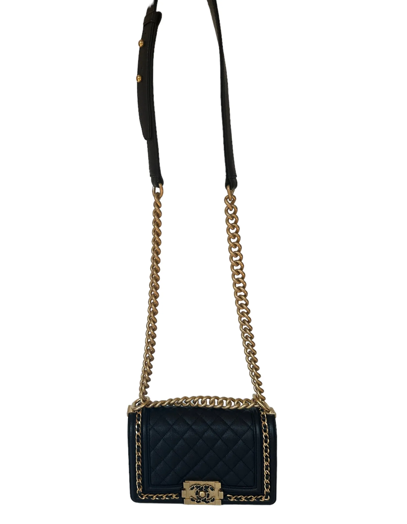 Chanel Black Caviar Leather Small Quilted Chain Around Boy Bag