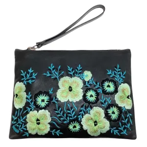 Christopher Kane Black Multi Floral Embroidered Leather Wristlet