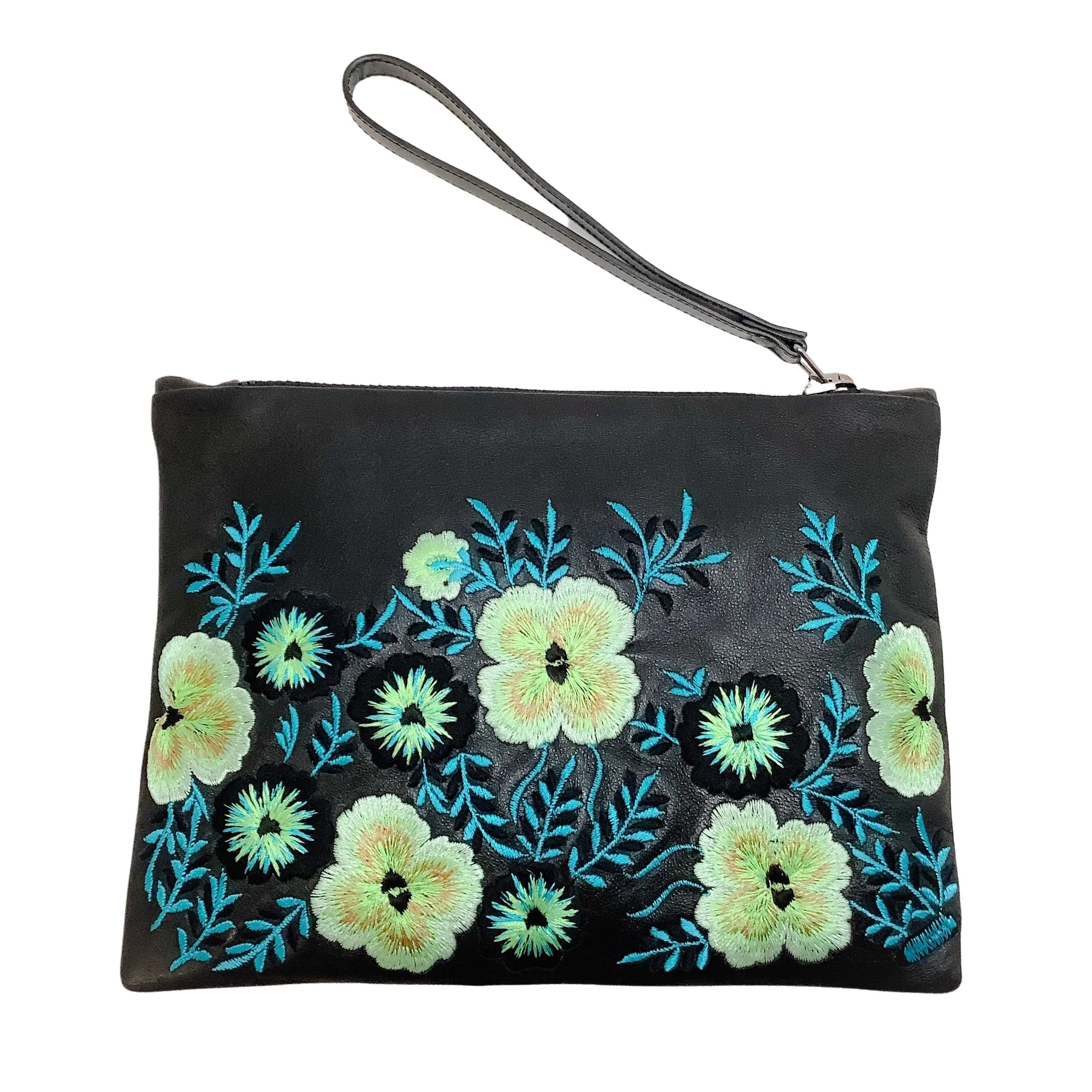 Christopher Kane Black Multi Floral Embroidered Leather Wristlet