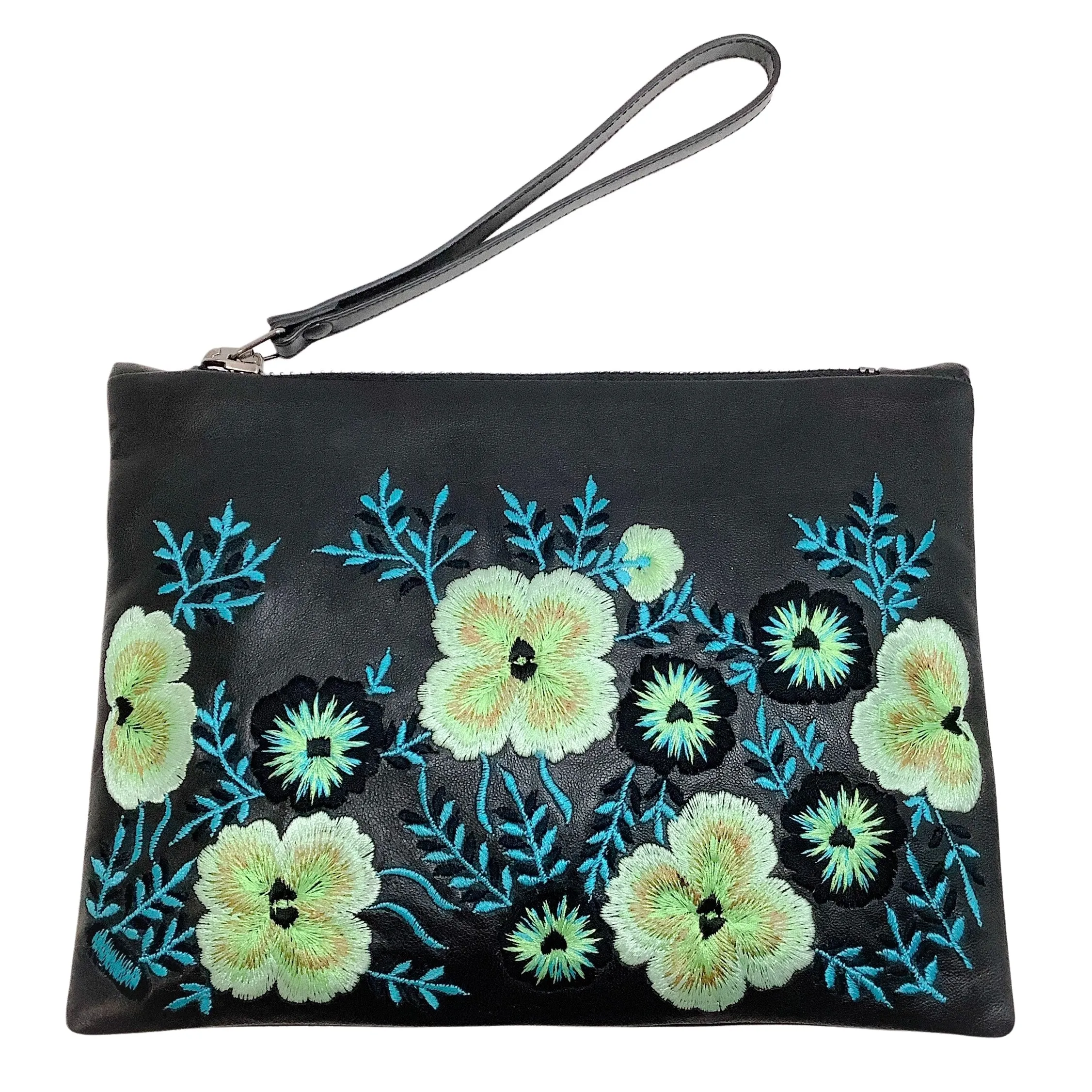 Christopher Kane Black Multi Floral Embroidered Leather Wristlet