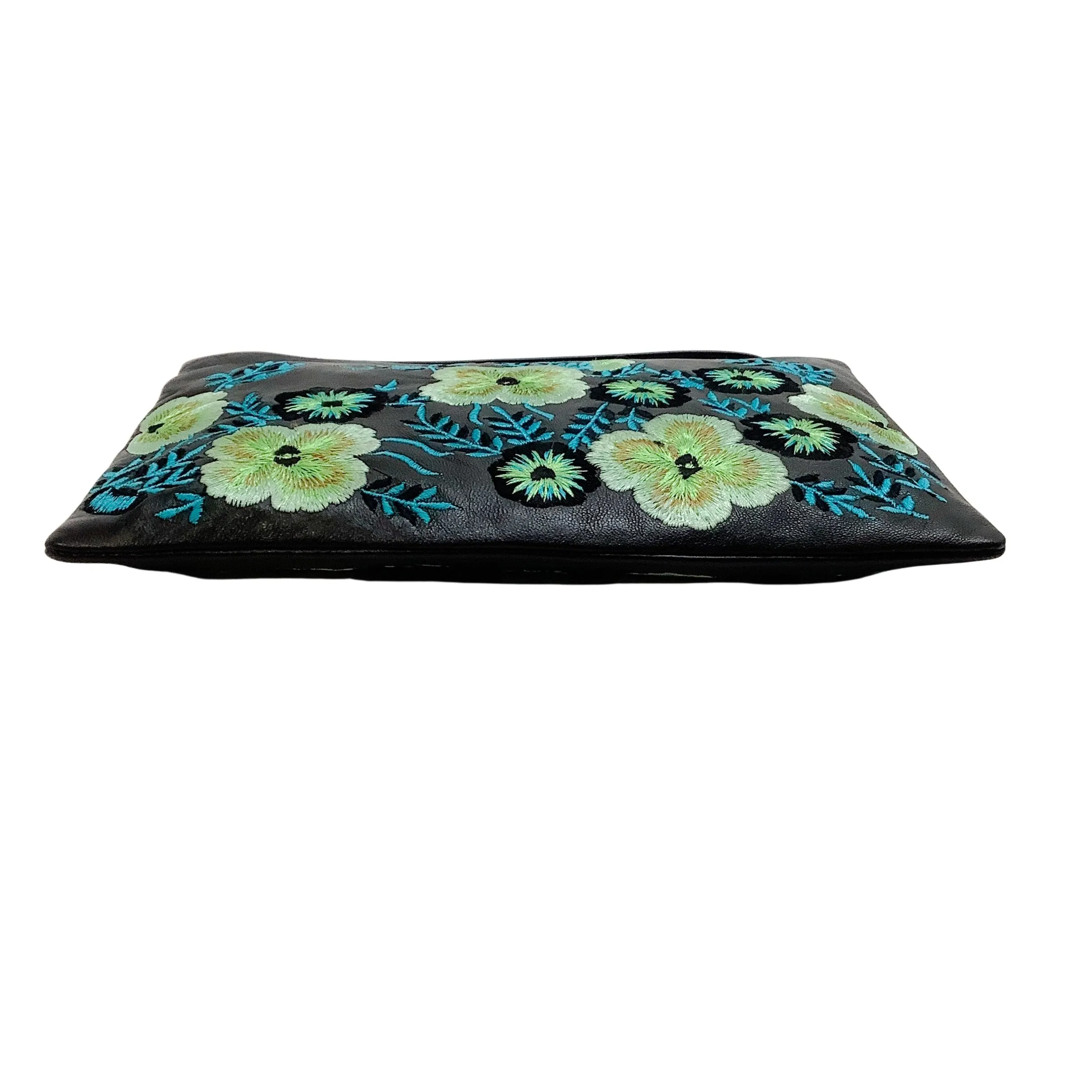 Christopher Kane Black Multi Floral Embroidered Leather Wristlet