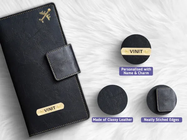 Classy Leather Customized Travel Wallet (Buttoned) - Black