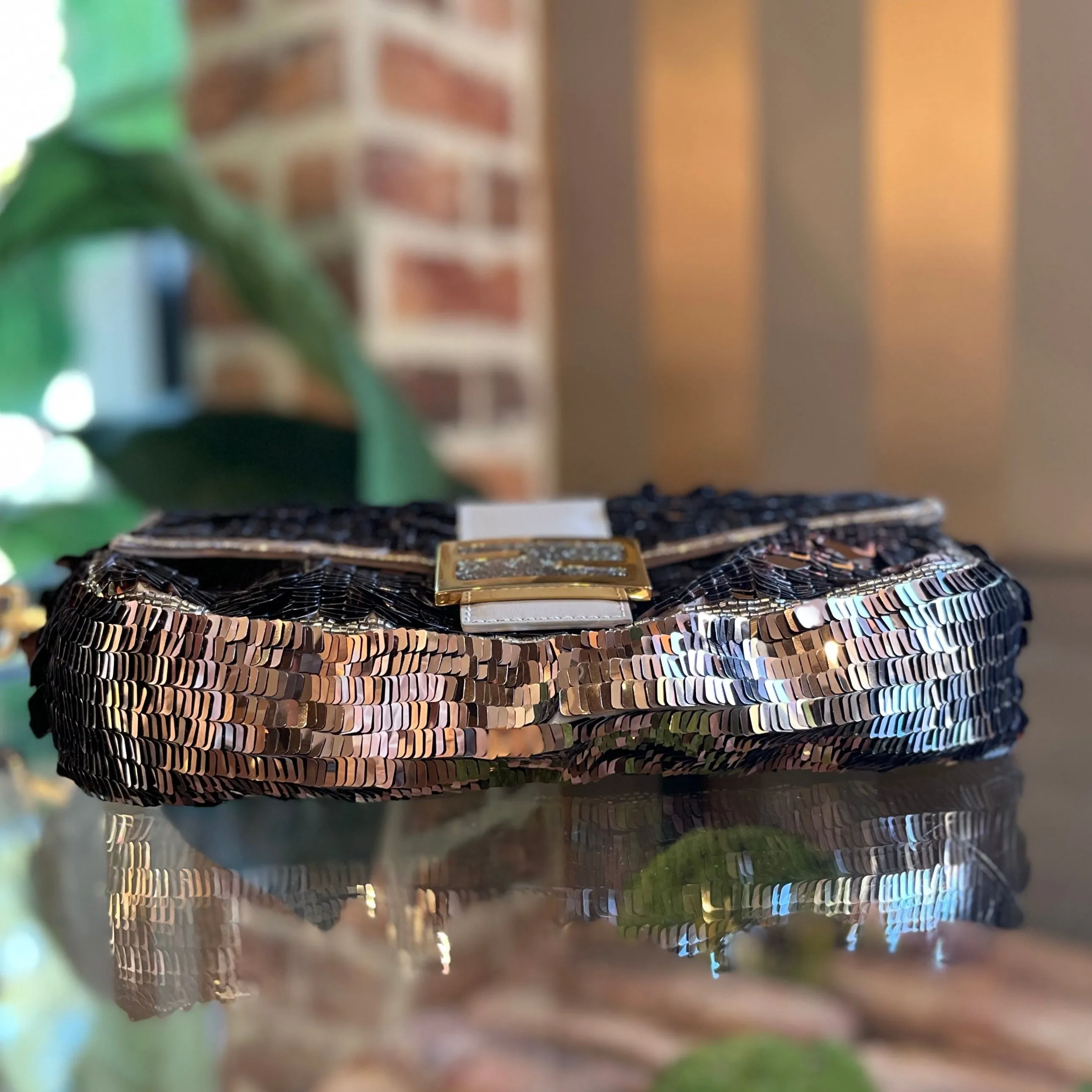 FENDI Tortora Sequin Paillettes Vitello Grace Sex and the City Baguette