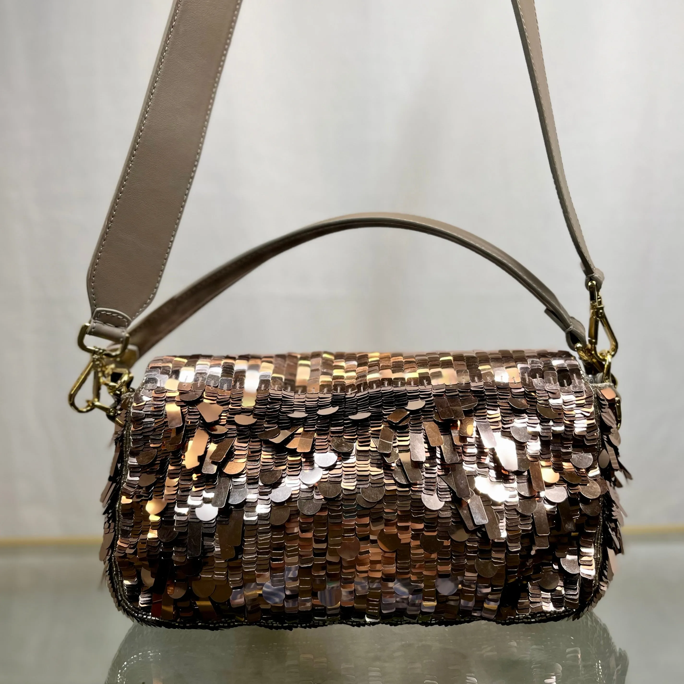 FENDI Tortora Sequin Paillettes Vitello Grace Sex and the City Baguette