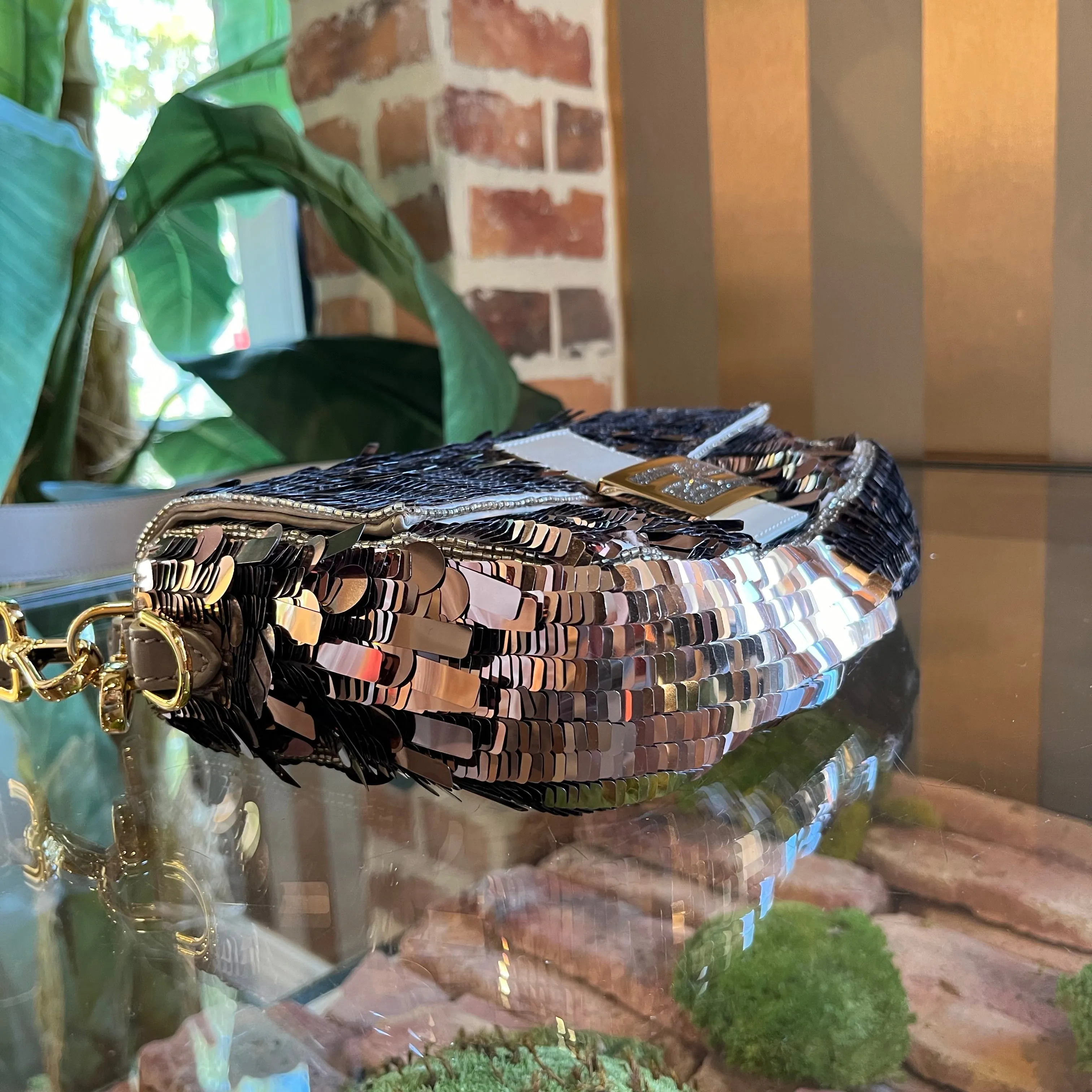 FENDI Tortora Sequin Paillettes Vitello Grace Sex and the City Baguette