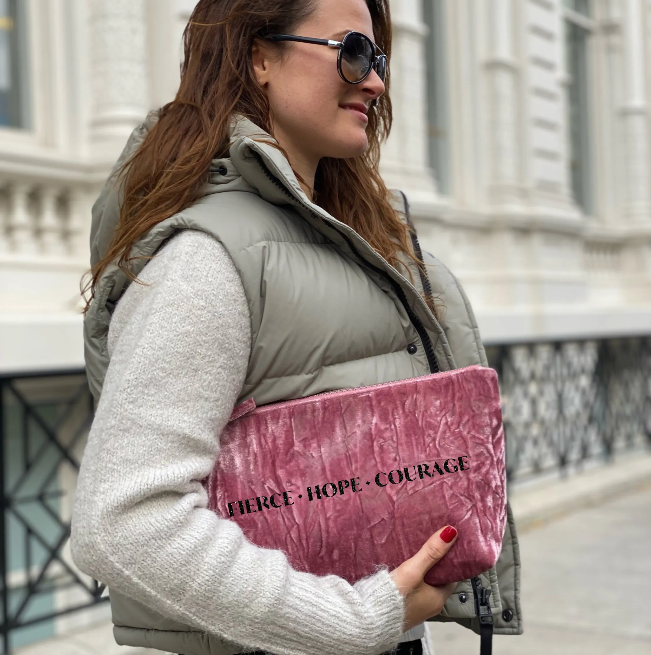 Fierce Hope Courage Clutch Bag- Black Glitter on Petal Pink Velvet