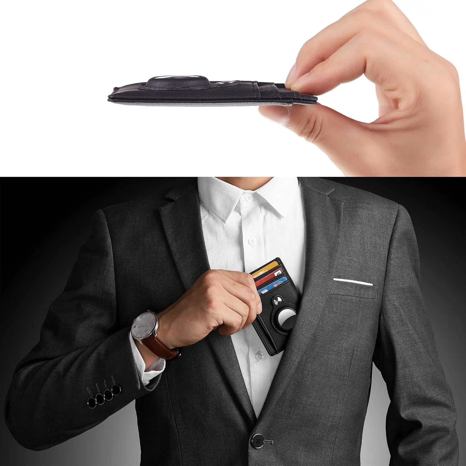 Genuine Leather Slim Wallet with Airtag compartment, Compatible with AirTag