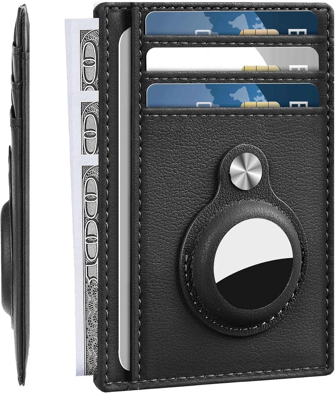 Genuine Leather Slim Wallet with Airtag compartment, Compatible with AirTag