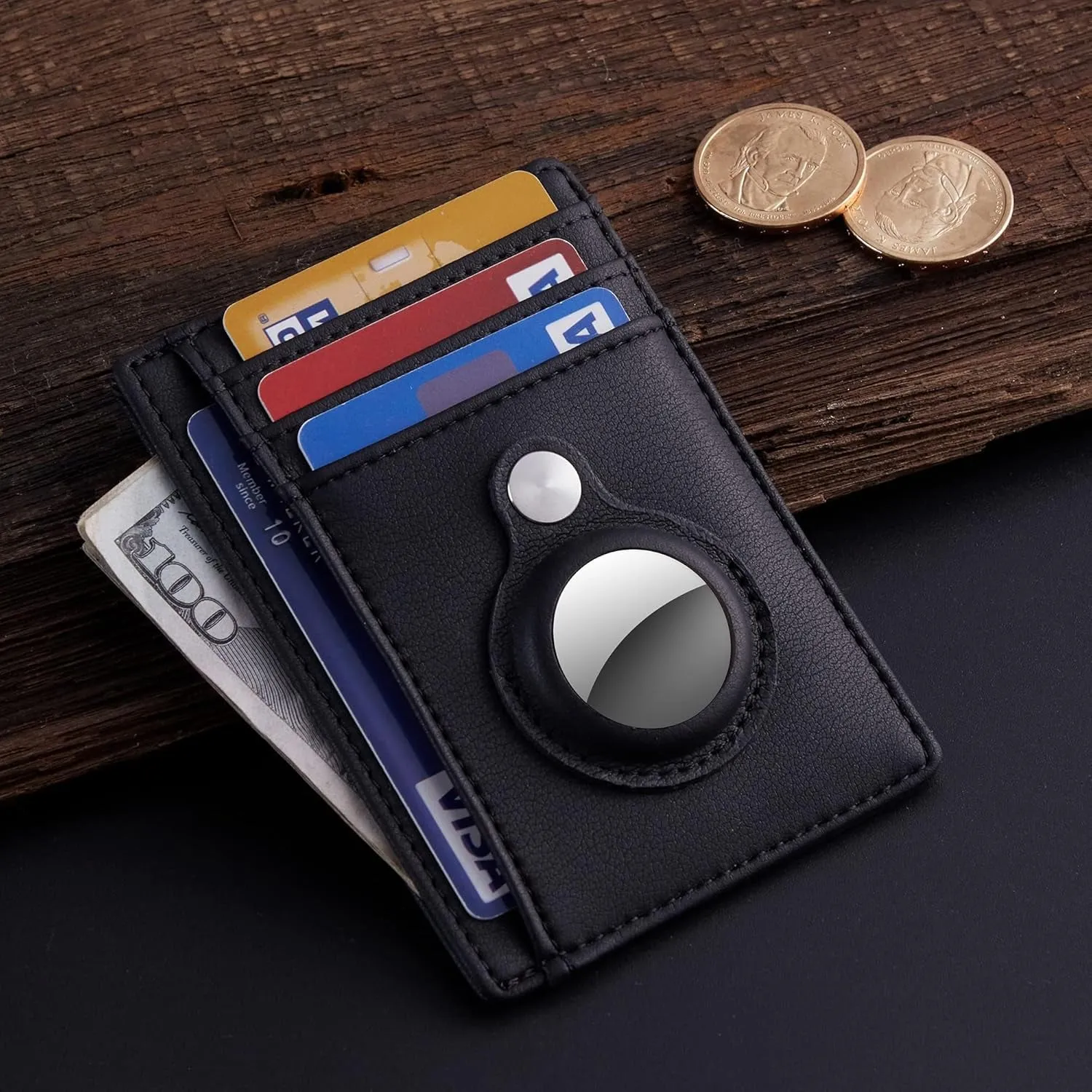 Genuine Leather Slim Wallet with Airtag compartment, Compatible with AirTag