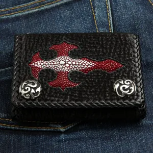 Genuine Red Stingray Skin Leather Cross Biker Wallet