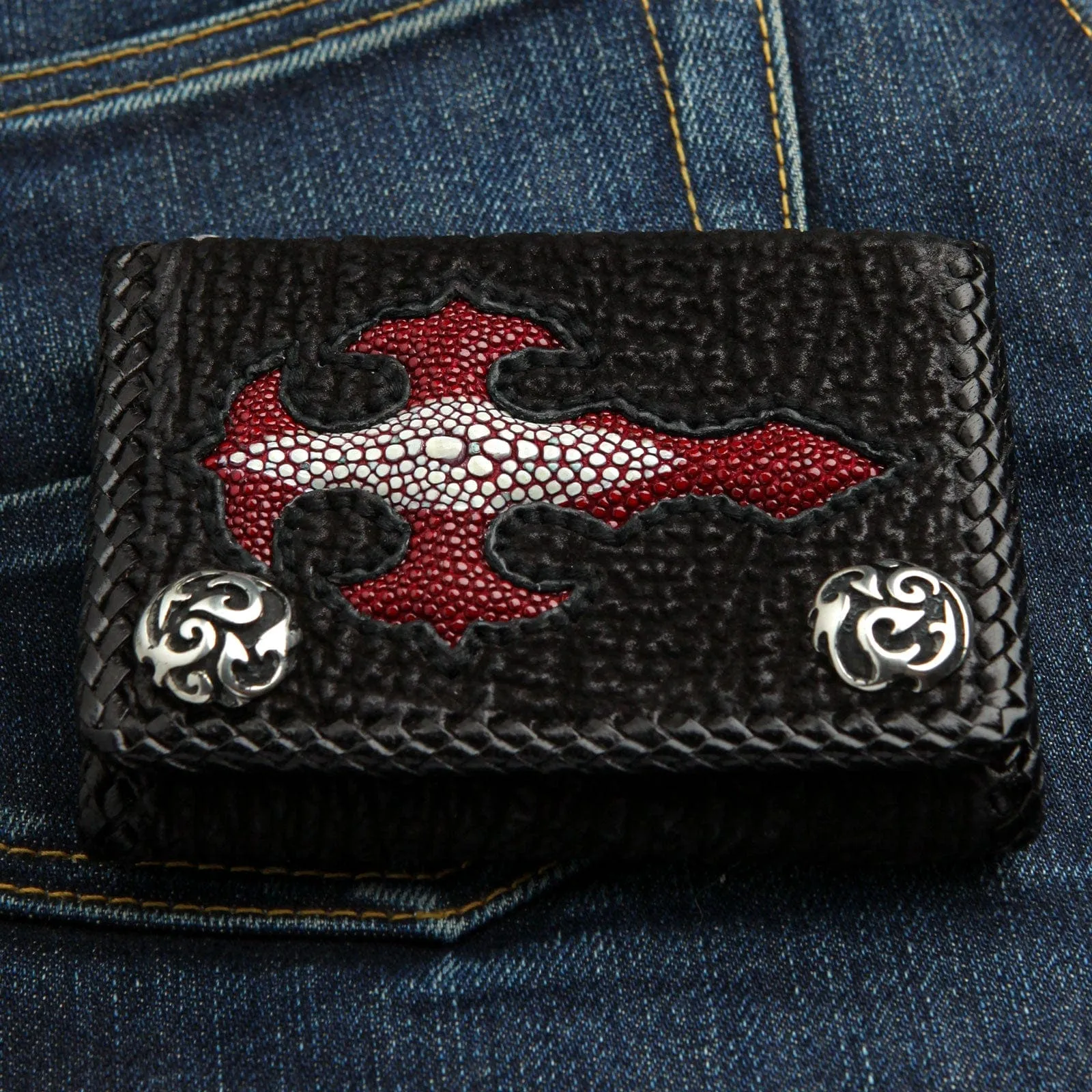 Genuine Red Stingray Skin Leather Cross Biker Wallet