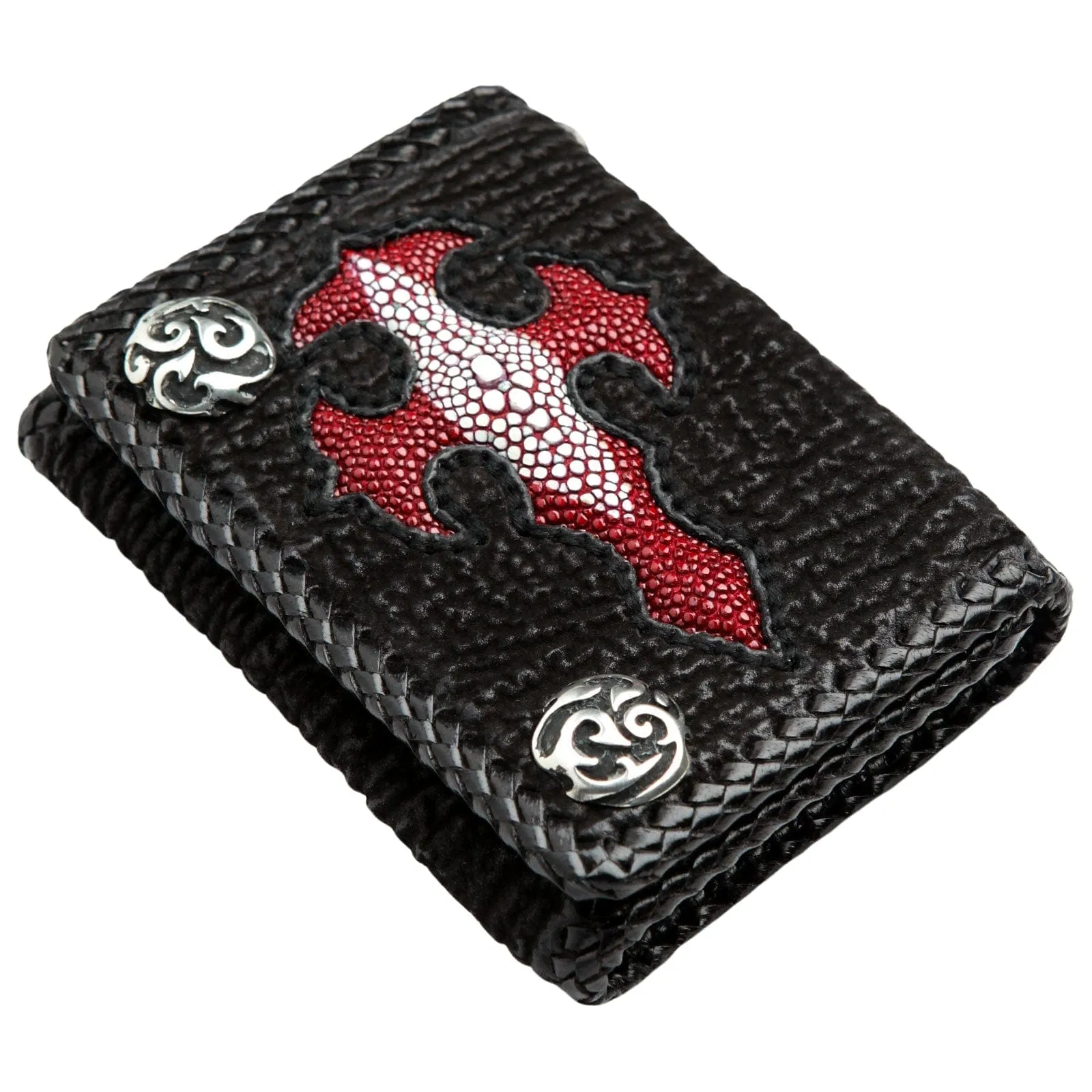 Genuine Red Stingray Skin Leather Cross Biker Wallet