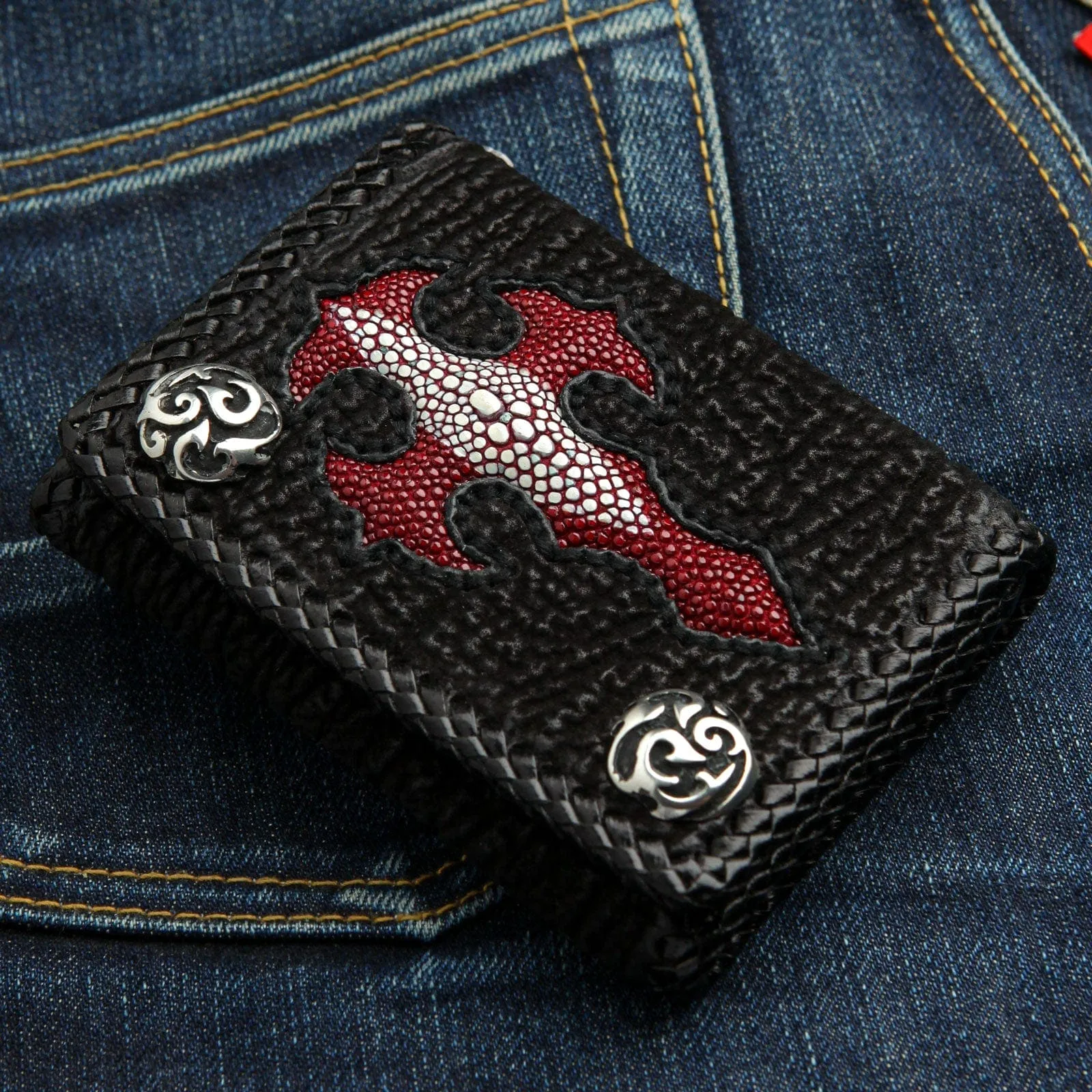 Genuine Red Stingray Skin Leather Cross Biker Wallet