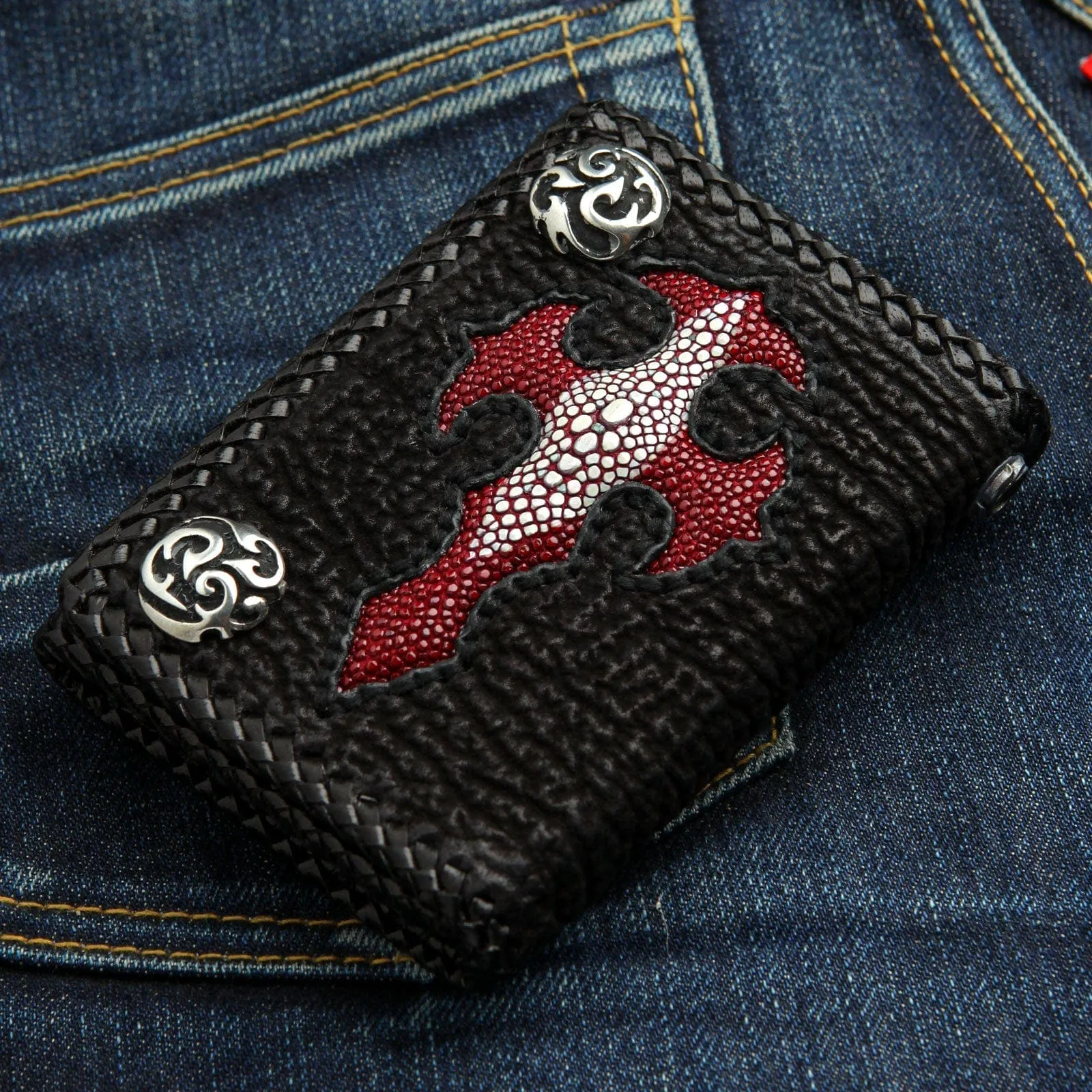 Genuine Red Stingray Skin Leather Cross Biker Wallet