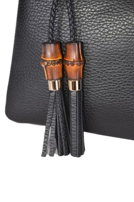 Gucci Zip Top Clutch Pouch with Bamboo Tassel Pull in Black