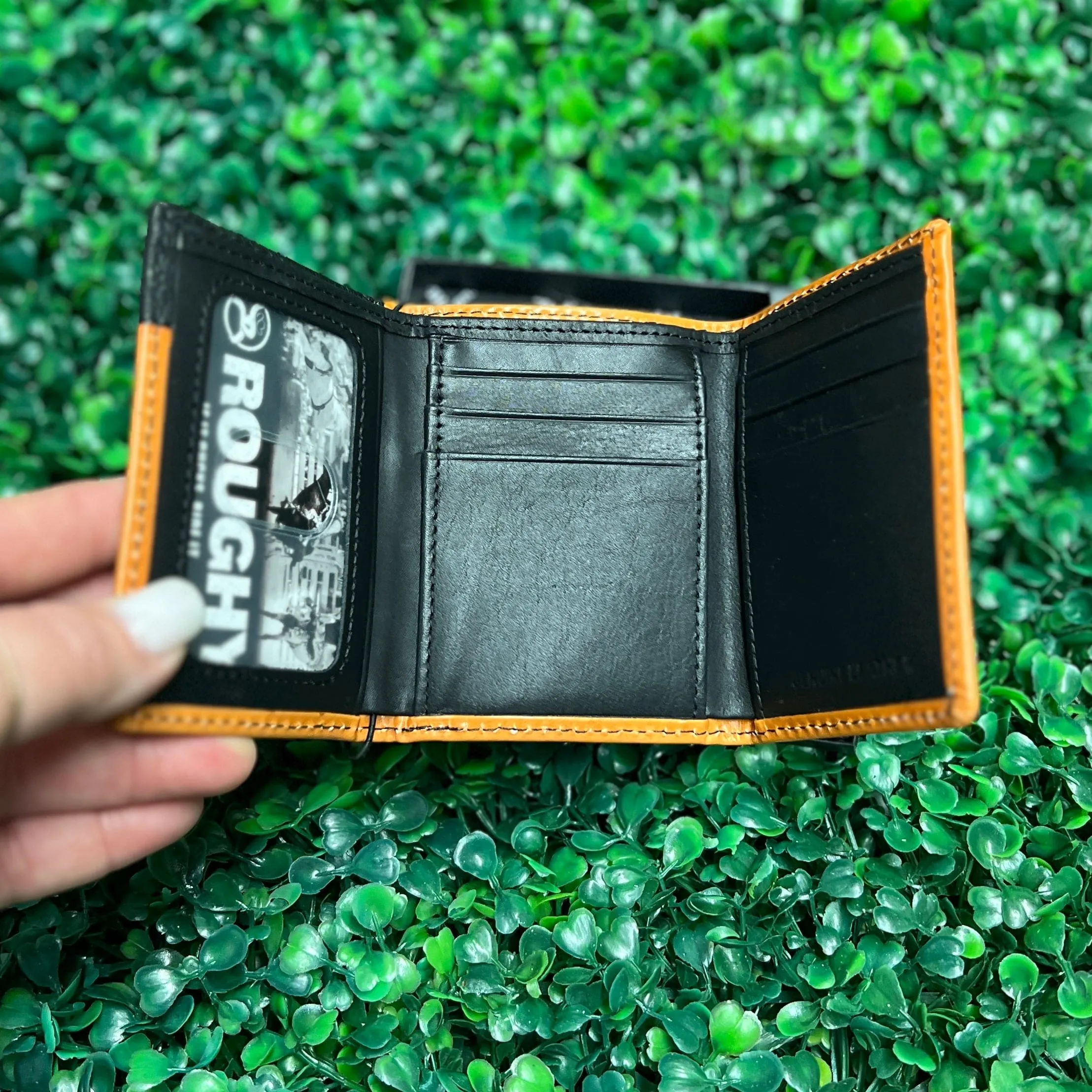 HOOEY  "RYDER" ROUGHY TRIFOLD WALLET TAN/ RED HAND-TOOLED