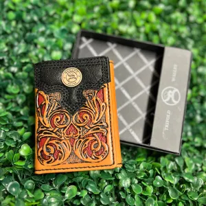 HOOEY  "RYDER" ROUGHY TRIFOLD WALLET TAN/ RED HAND-TOOLED