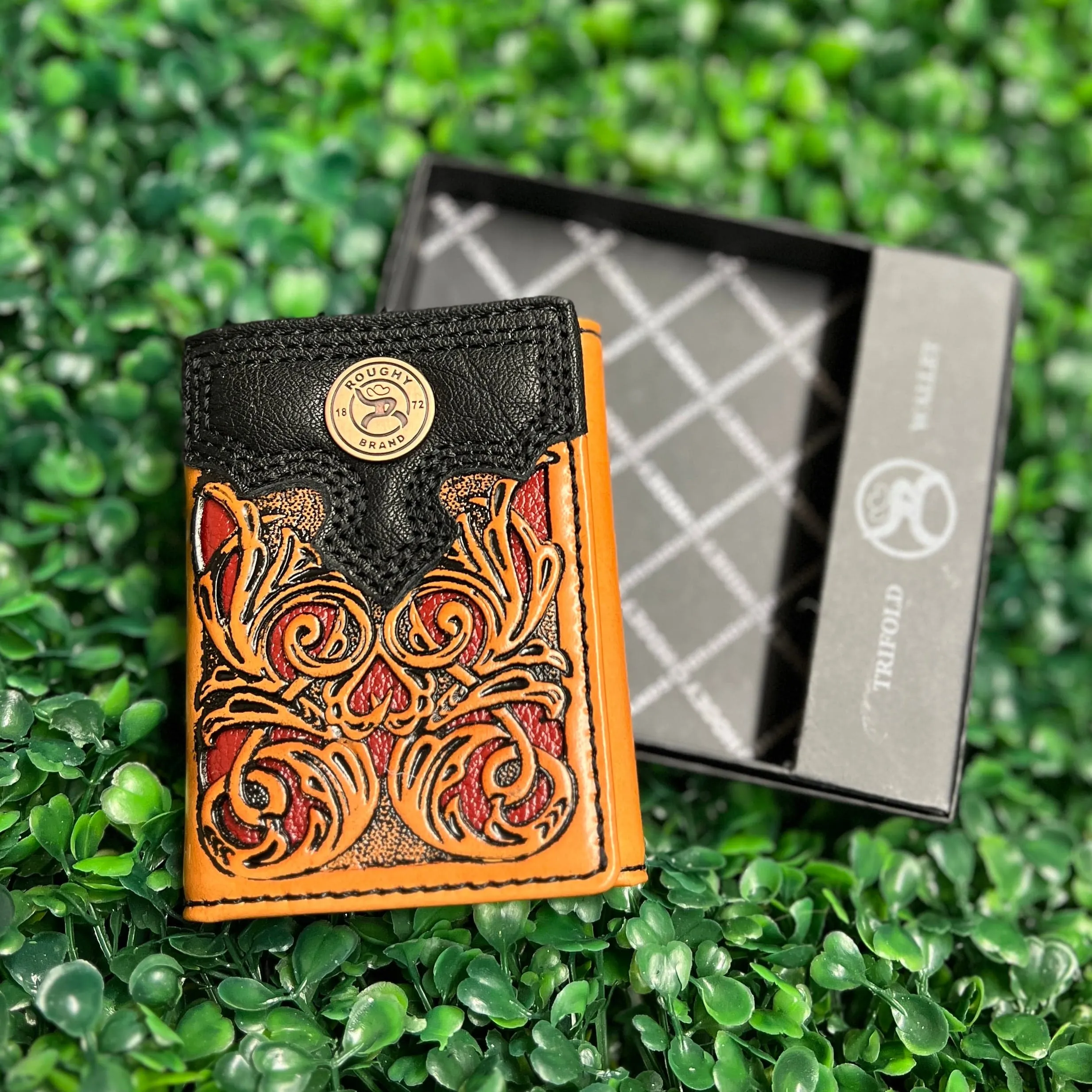 HOOEY  "RYDER" ROUGHY TRIFOLD WALLET TAN/ RED HAND-TOOLED