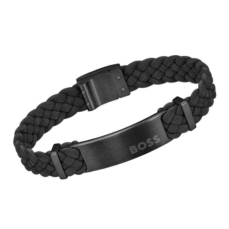 Hugo Boss Jewellery Men's Dylan Black Leather Stainless Steel Plate Bracelet 1580608M