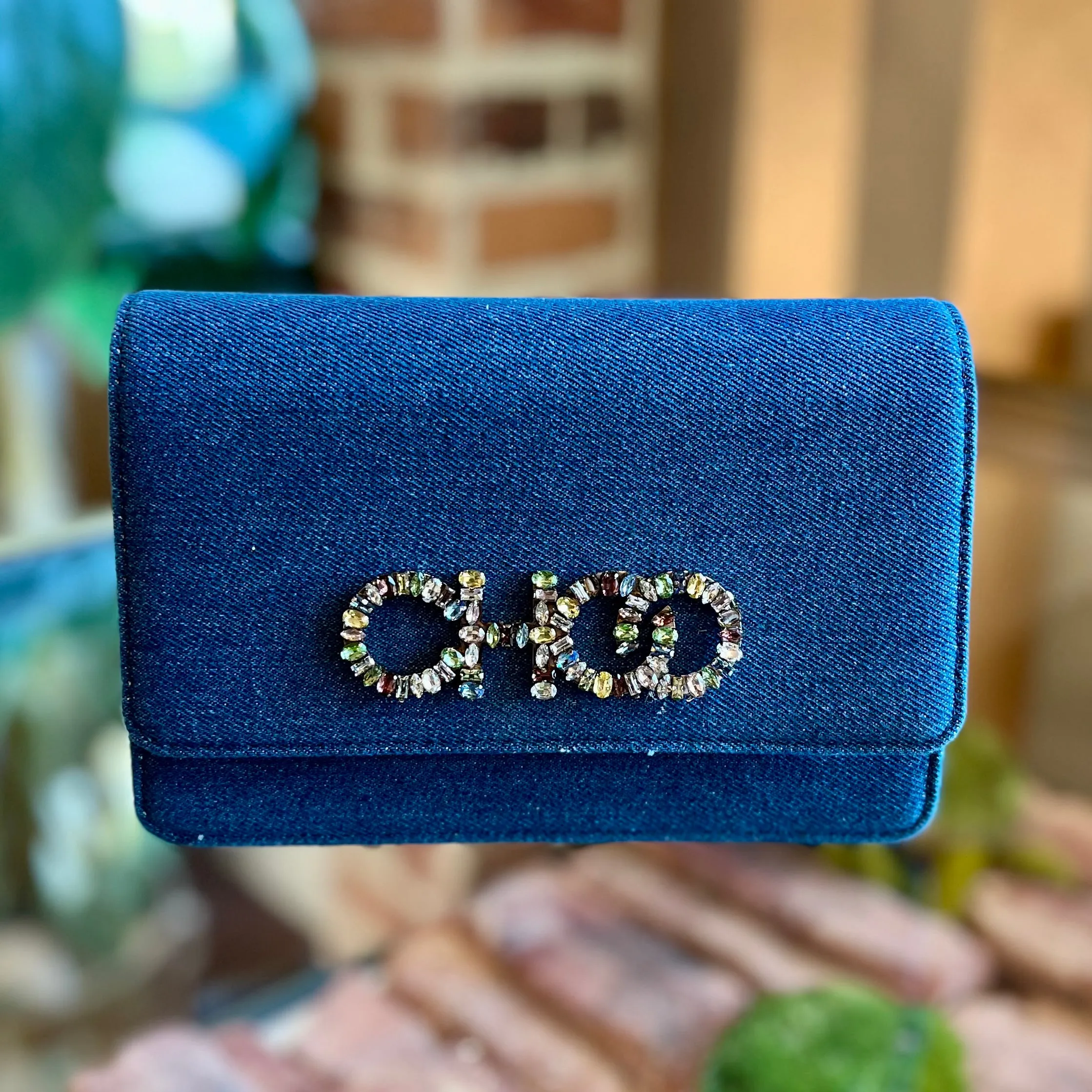 JIMMY CHOO Kalina Denim Crystal Wallet On Chain TS3846