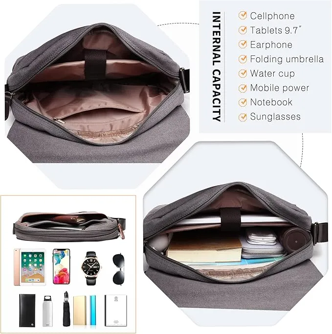 Kono Messenger Bags, Men's Canvas Shoulder Bag Retro Laptop Briefcase with Multiple Pockets for School Travel Business, Fits for 13 Inch Laptop