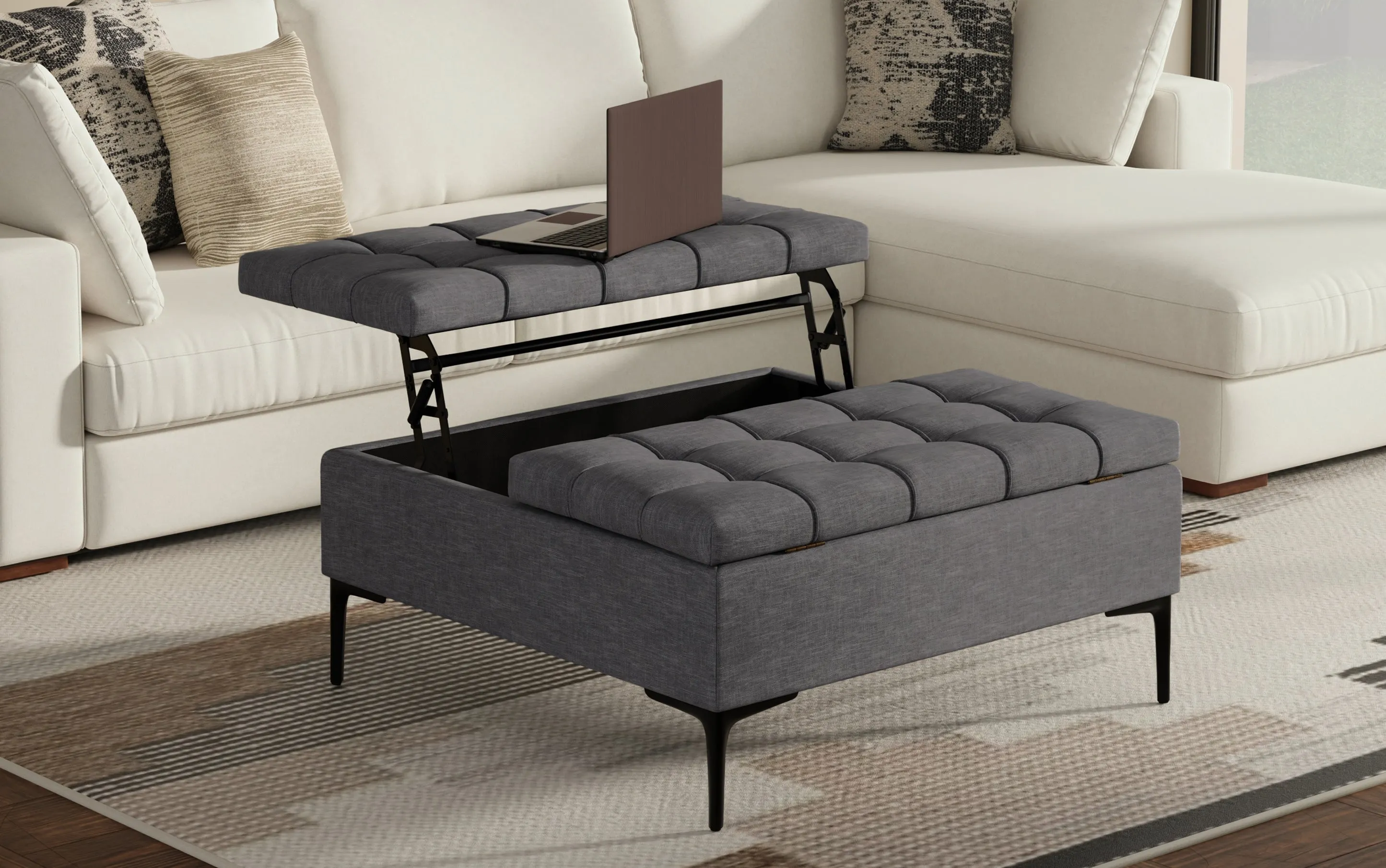 Laura Lift Top Storage Ottoman in Linen