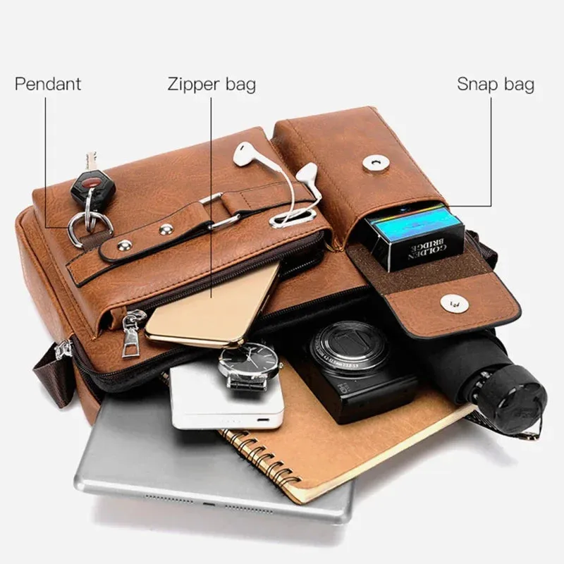 Men's Large-capacity Leather Messenger Bag Men Crossbody Bags Waterproof Shoulder Bags Multifunction Travel Work Business Handbags