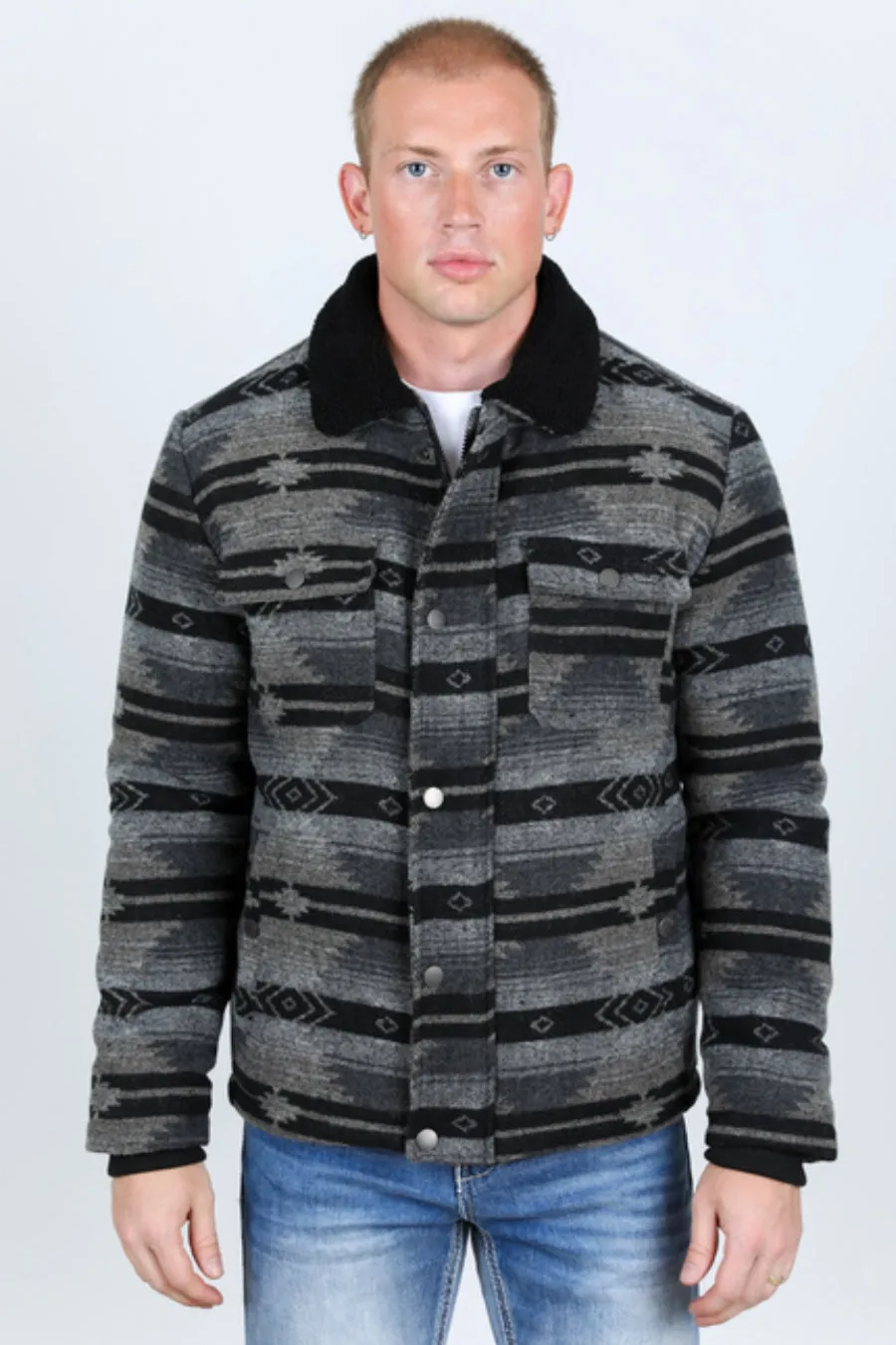 Men’s Platini Black Ethnic Aztec Quilted Fur Lined Jacket
