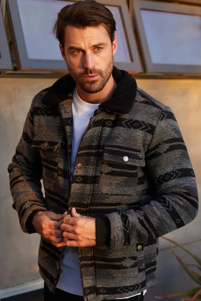 Men’s Platini Black Ethnic Aztec Quilted Fur Lined Jacket