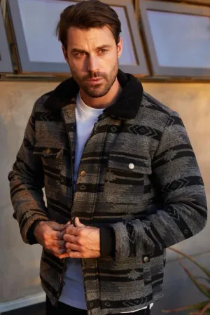 Men’s Platini Black Ethnic Aztec Quilted Fur Lined Jacket