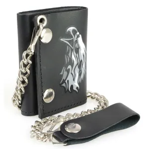 Milwaukee Leather MLW7838 Men's 4” Leather “Flaming Eagle” Tri-Fold Wallet w/ Anti-Theft Stainless Steel Chain