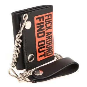 MLW7841 Men's 4” Black Leather Biker Wallet - Tri-Fold Anti-Theft Stainless Steel Chain w/ "F.A.F.O"