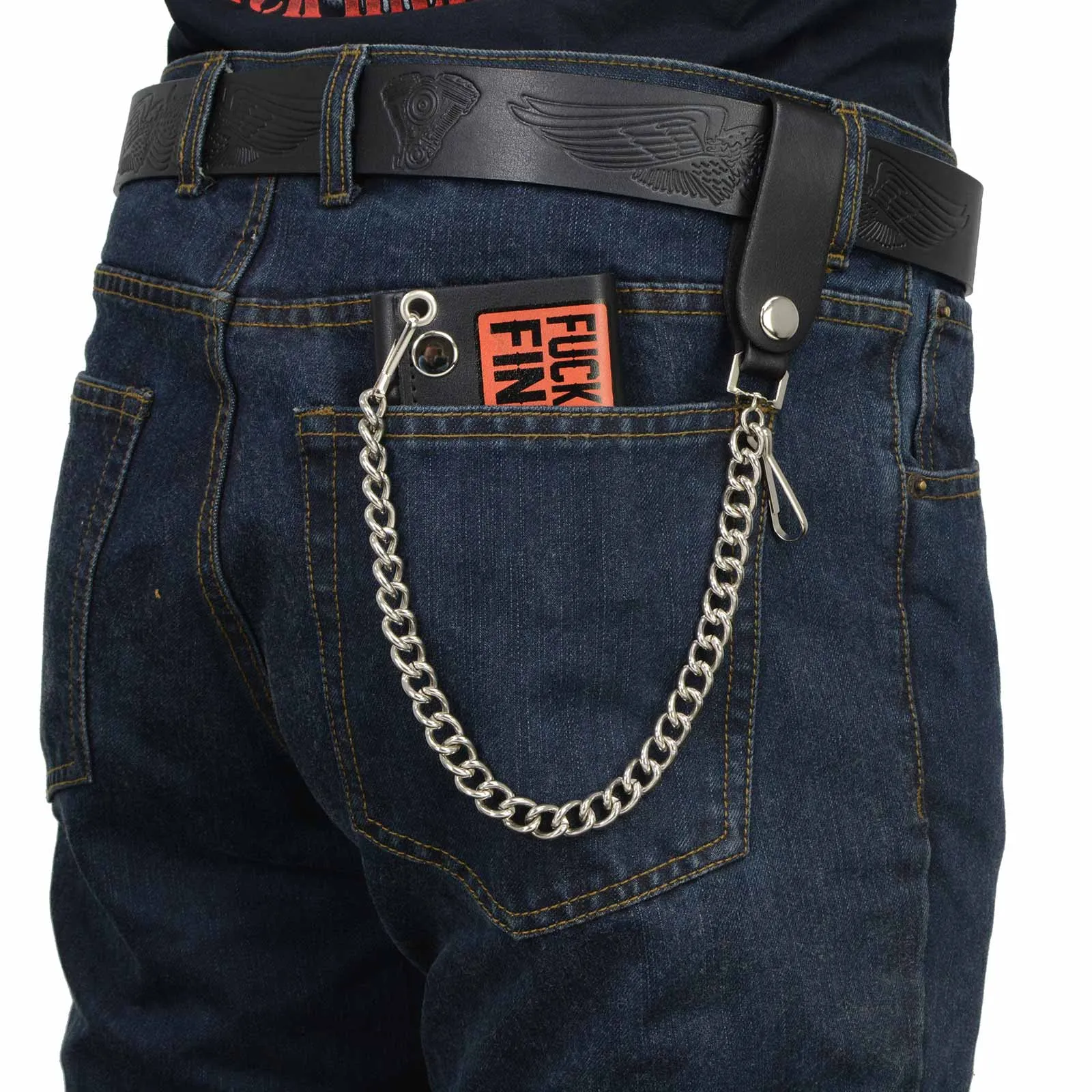 MLW7841 Men's 4” Black Leather Biker Wallet - Tri-Fold Anti-Theft Stainless Steel Chain w/ "F.A.F.O"